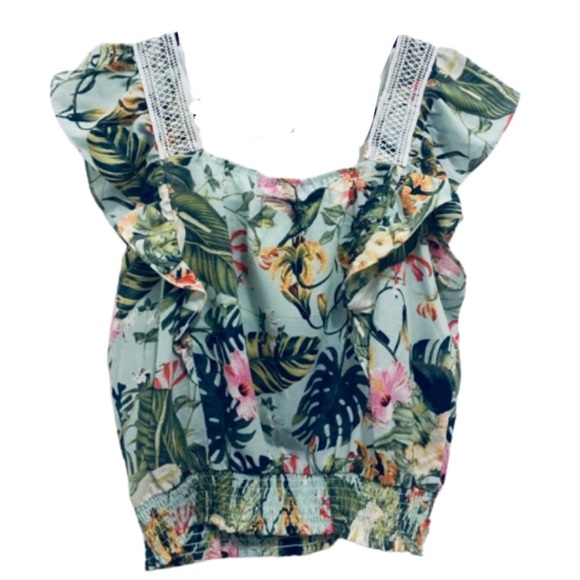 june & hudson Sleeveless Blouse Tropical Floral & Birds Ruffles Elastic Waist - Picture 2 of 8